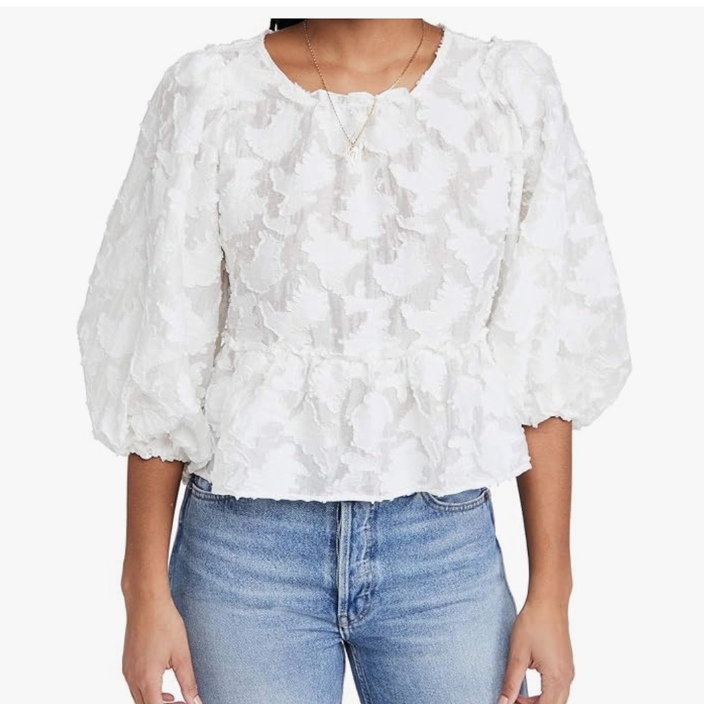 Free People White Peplum Blouse with Puff Sleeves